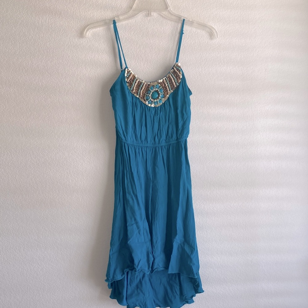 XS Teal Charlotte Russe hi-low dress with beaded and sequined detail